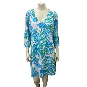 Lilly Pulitzer Womens Floral V-Neck 3/4 Sleeve Dress Size Blue & Green White XL